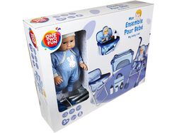 boneco bebé com carro cama cadeira e saco one two fun azul product image